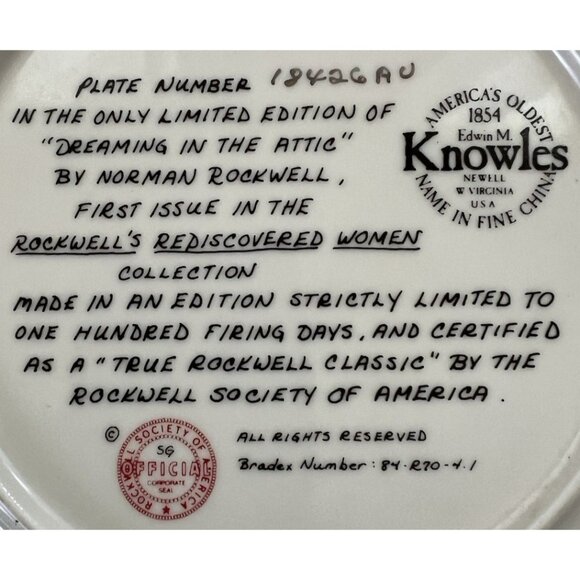 Norman Rockwell’s DREAMING IN THE ATTIC Limited Edition Collectors Plate #18426A - Picture 3 of 3